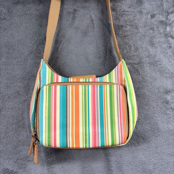 Fossil Genuine Leather Striped Purse Handbag Shoulder Bag Organizer Zip Baguette - Picture 3 of 10